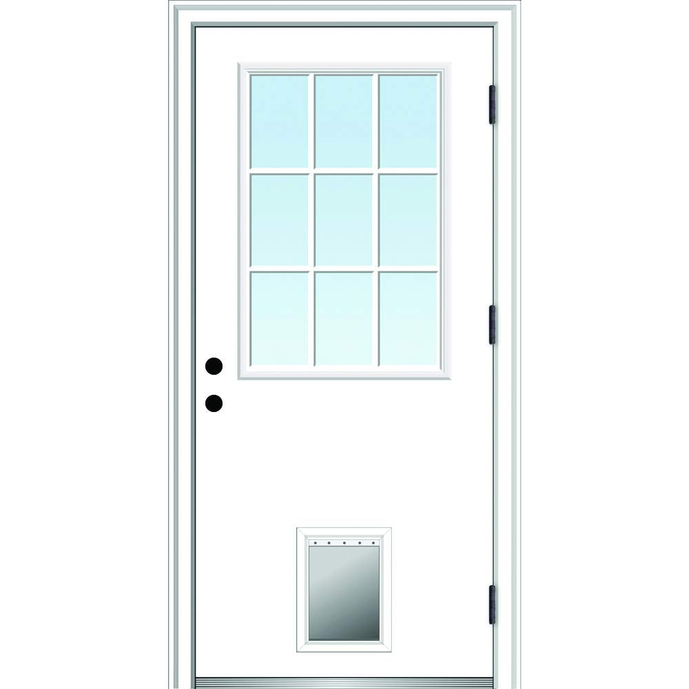Primed Left Hand Outswing 9 Lite Prehung Front Door with Pet Door X3744