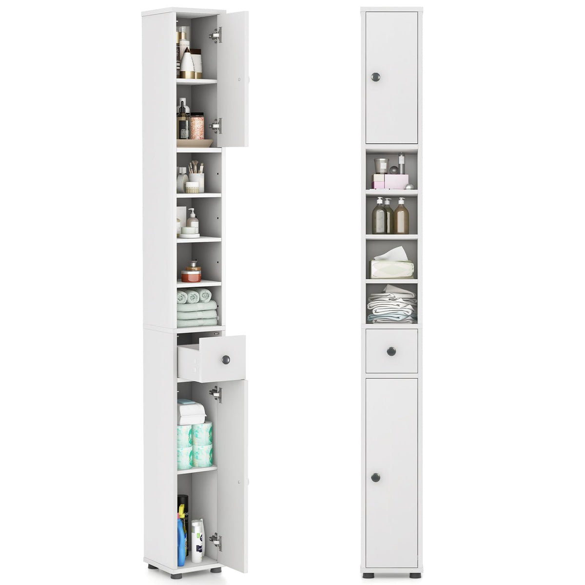 White Tall Slim Bathroom Storage Cabinet with 2 Doors 1 Drawer Y1190