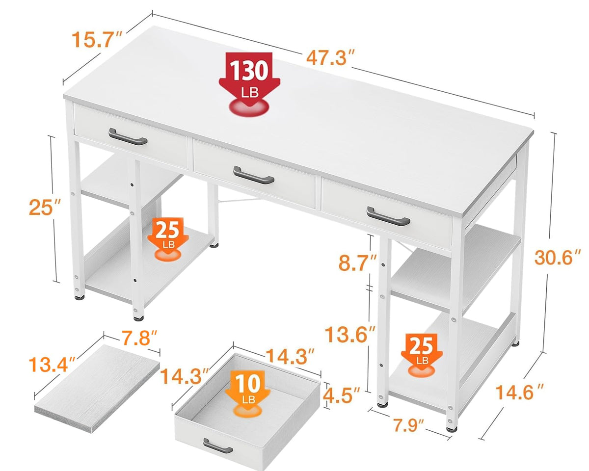 White 48" Computer Desk with Fabric Drawers and Storage Shelves K392