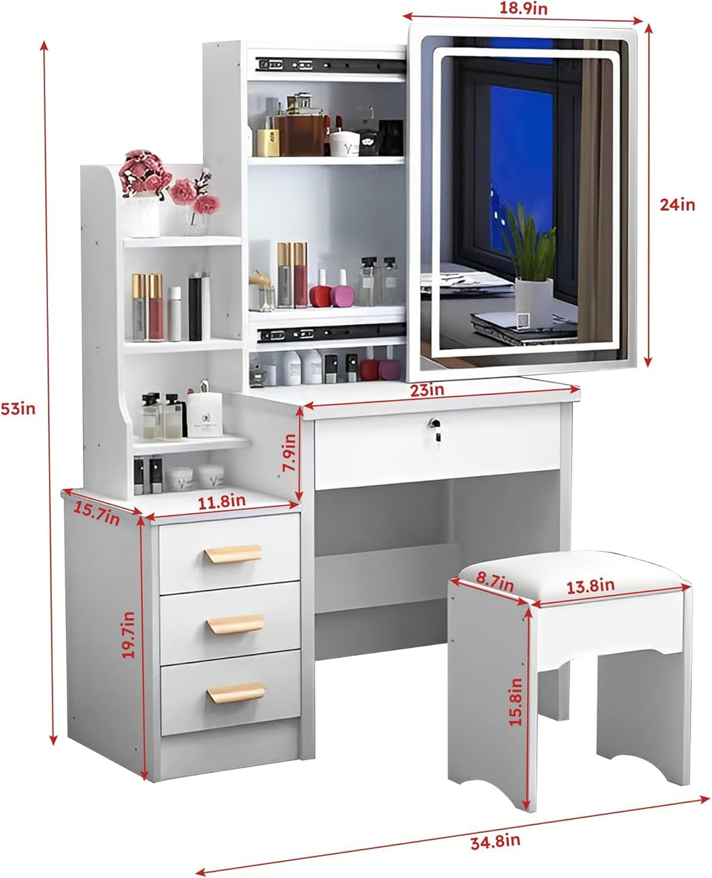 White 4 Drawer Vanity Desk Set with Mirror X766837