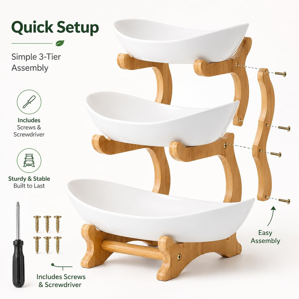 3-Tier Plastic Fruit Bowl Basket with Bamboo Stand R752