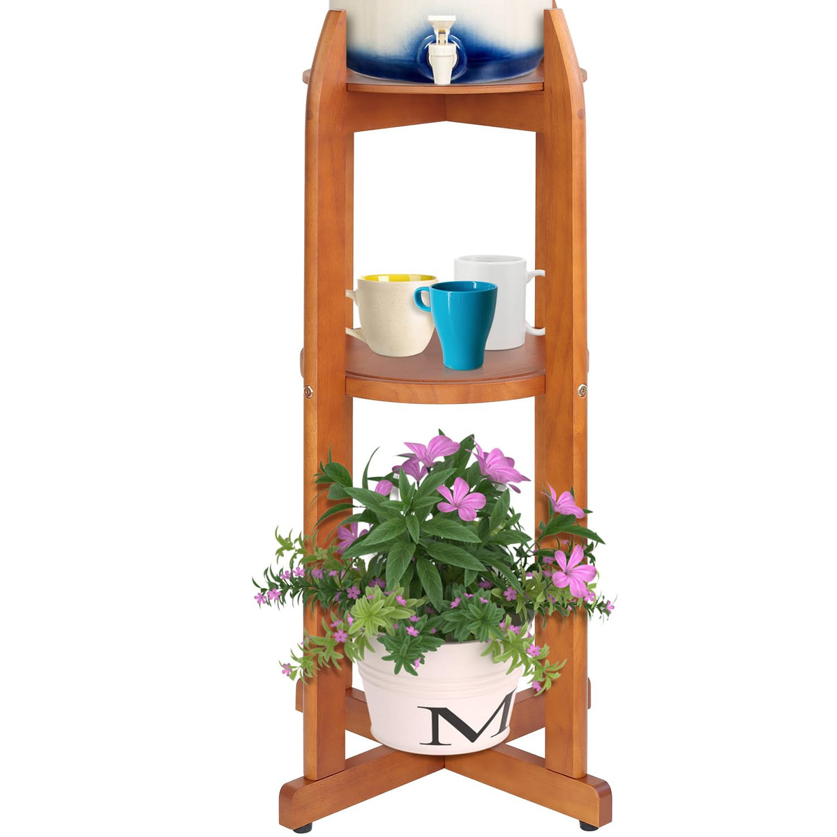 Solid Wood Water Dispenser Floor Stand with 2 Round Shelfs Z63393
