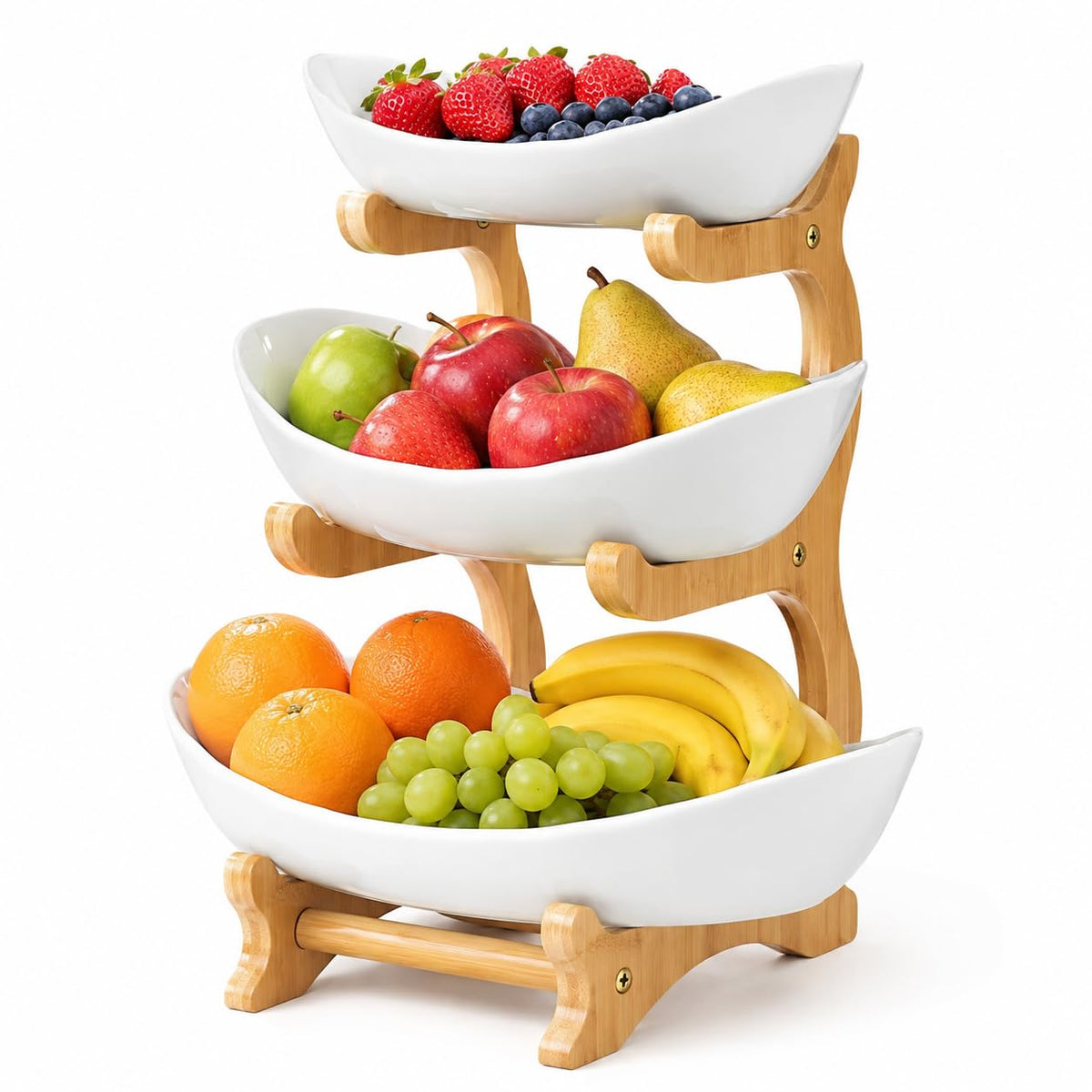 3-Tier Plastic Fruit Bowl Basket with Bamboo Stand R752