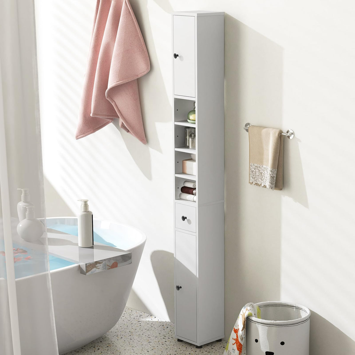 White Tall Slim Bathroom Storage Cabinet with 2 Doors 1 Drawer Y1190