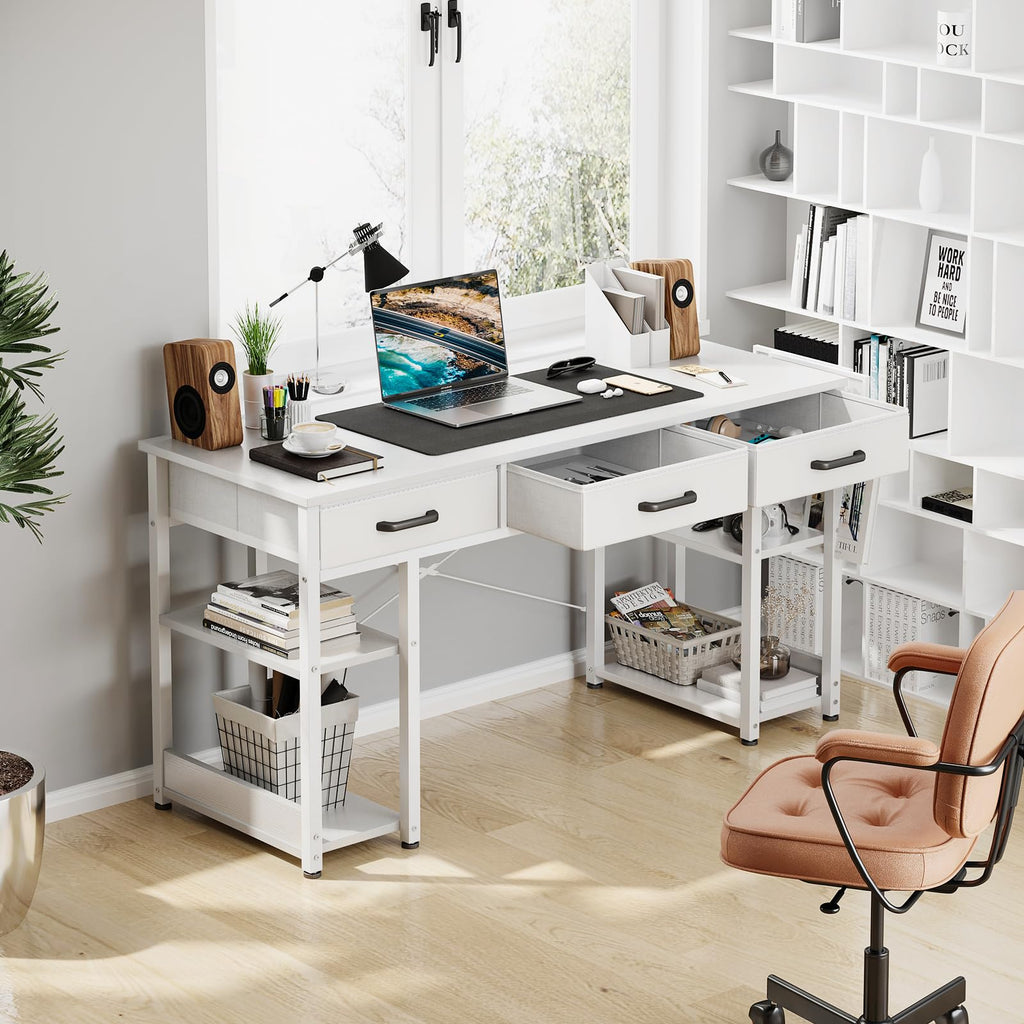 White 48" Computer Desk with Fabric Drawers and Storage Shelves K392