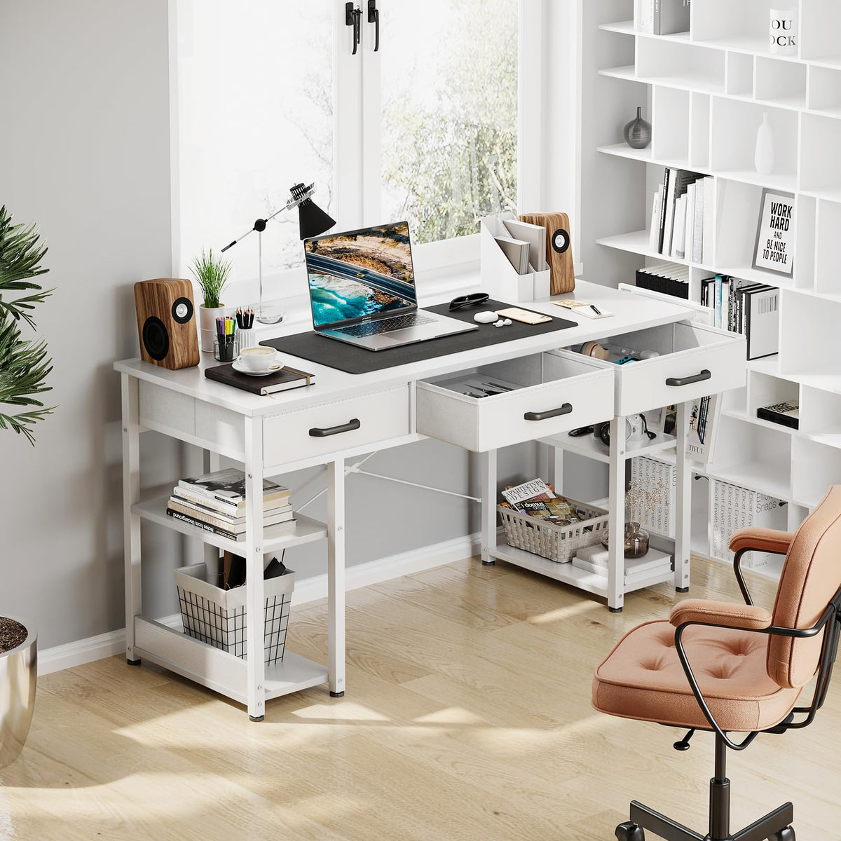 White 48" Computer Desk with Fabric Drawers and Storage Shelves K392