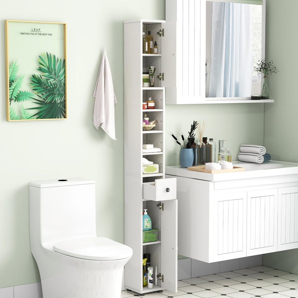 White Tall Slim Bathroom Storage Cabinet with 2 Doors 1 Drawer Y1190
