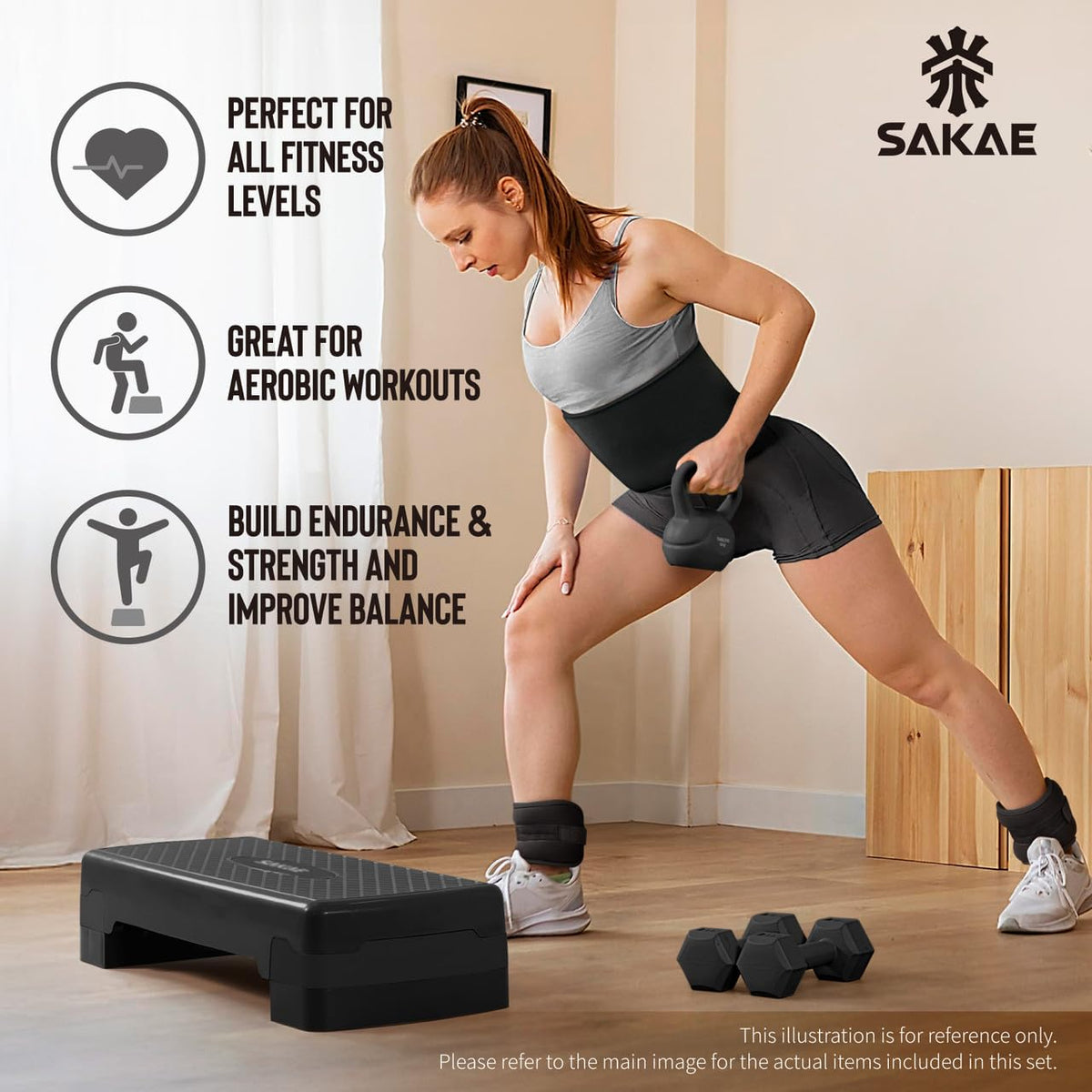 Adjustable Aerobic Stepper Kit with Dumbbells & Kettlebell & Weightlifting Belt & Measuring Tape F4195