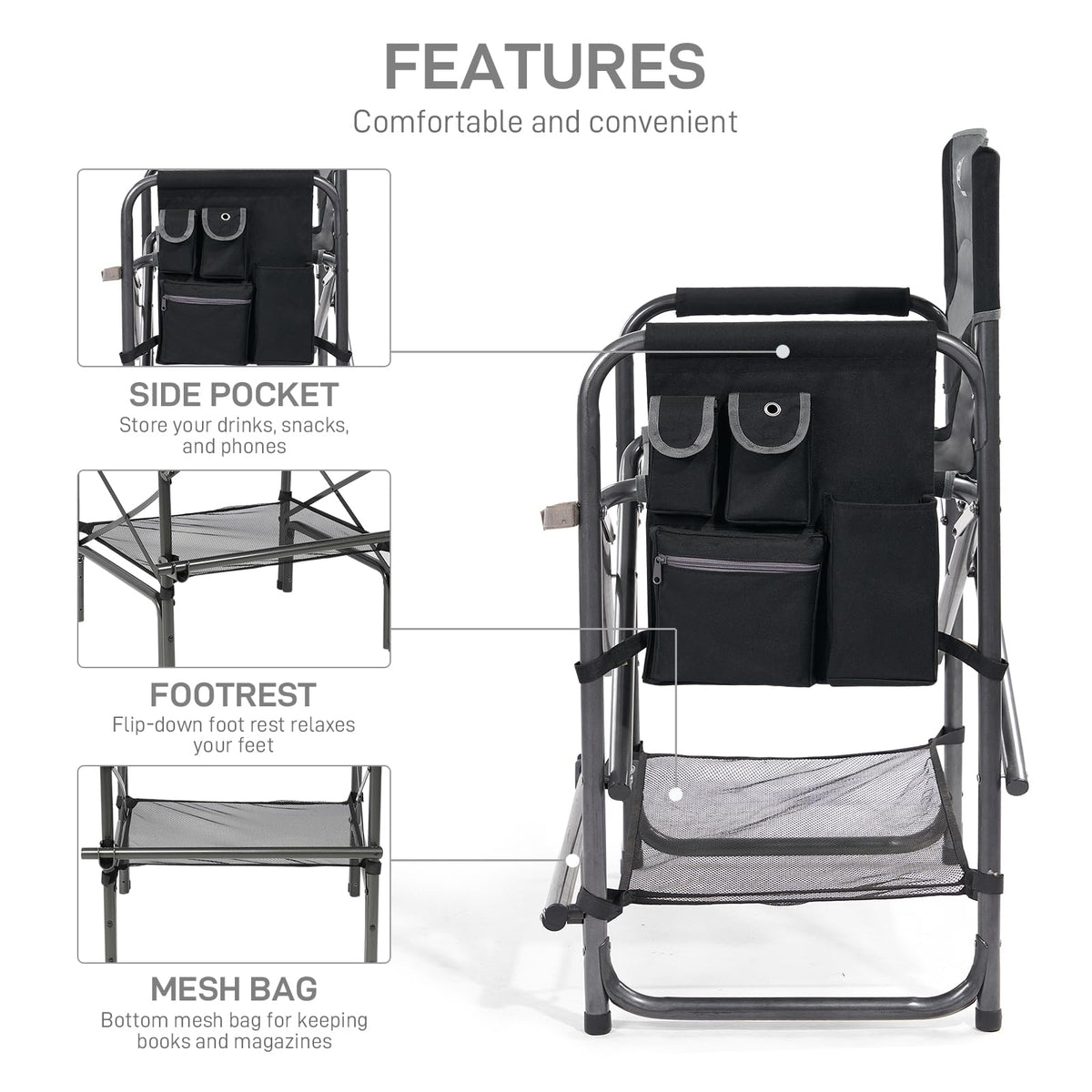 Medium Tall Directors Chair with Side Table Grey U7893