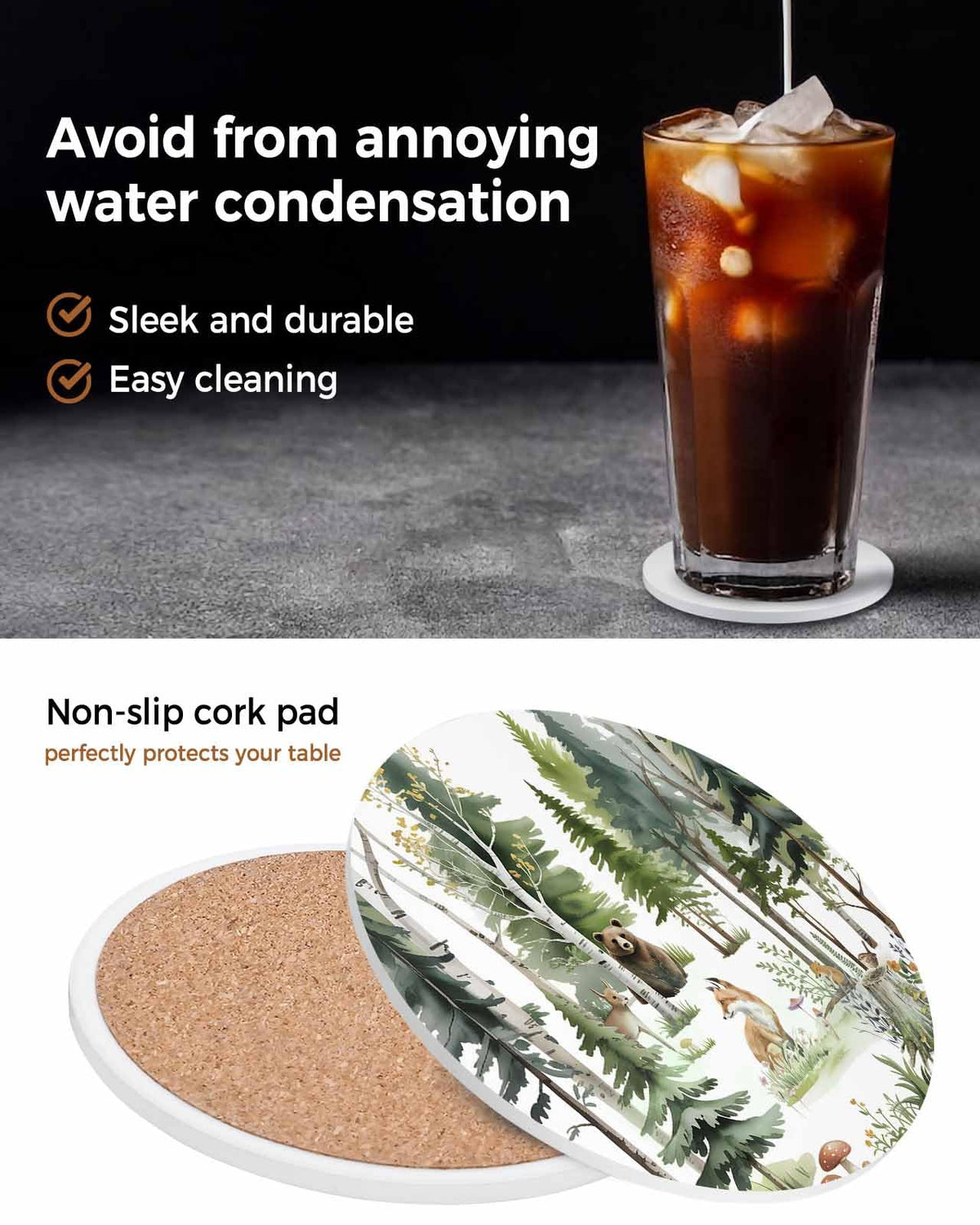 Absorbent Stone Ceramic Coaster with Cork Back, Set of 8 N78574