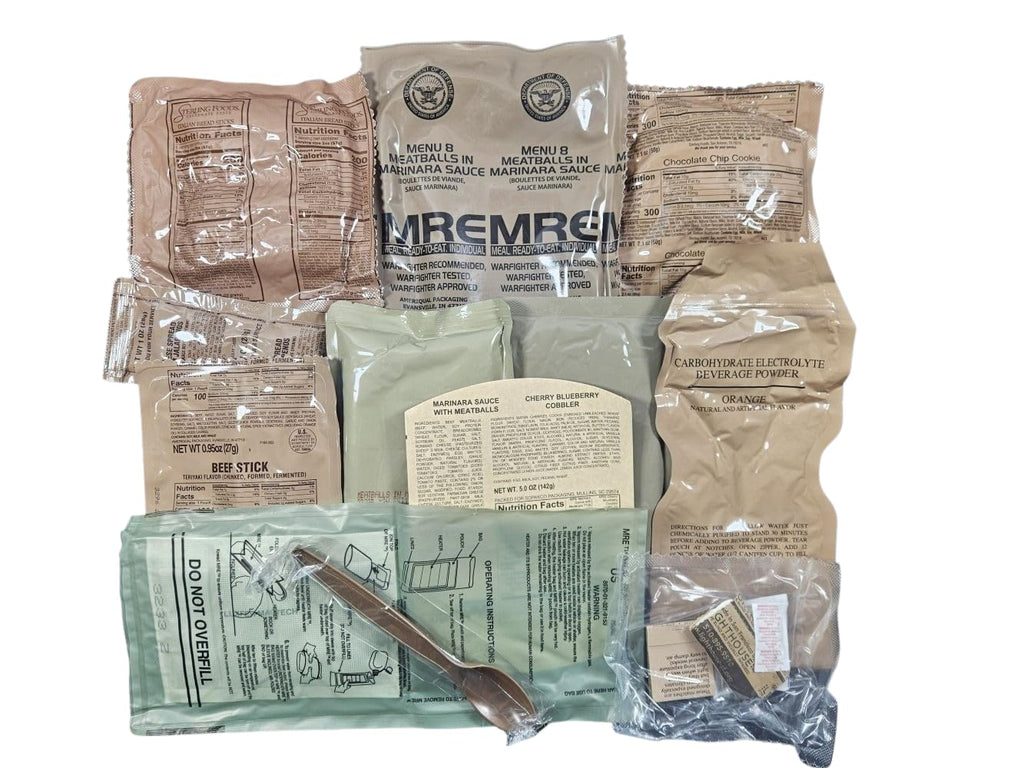 MRE Meal Ready to Eat with Entree Snacks Dessert Drink Mix Utensils Condiments Q7544