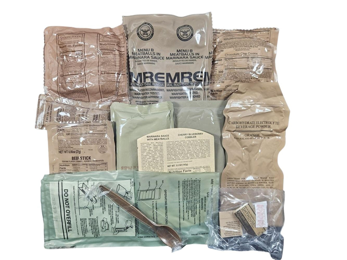MRE Meal Ready to Eat with Entree Snacks Dessert Drink Mix Utensils Condiments Q7544