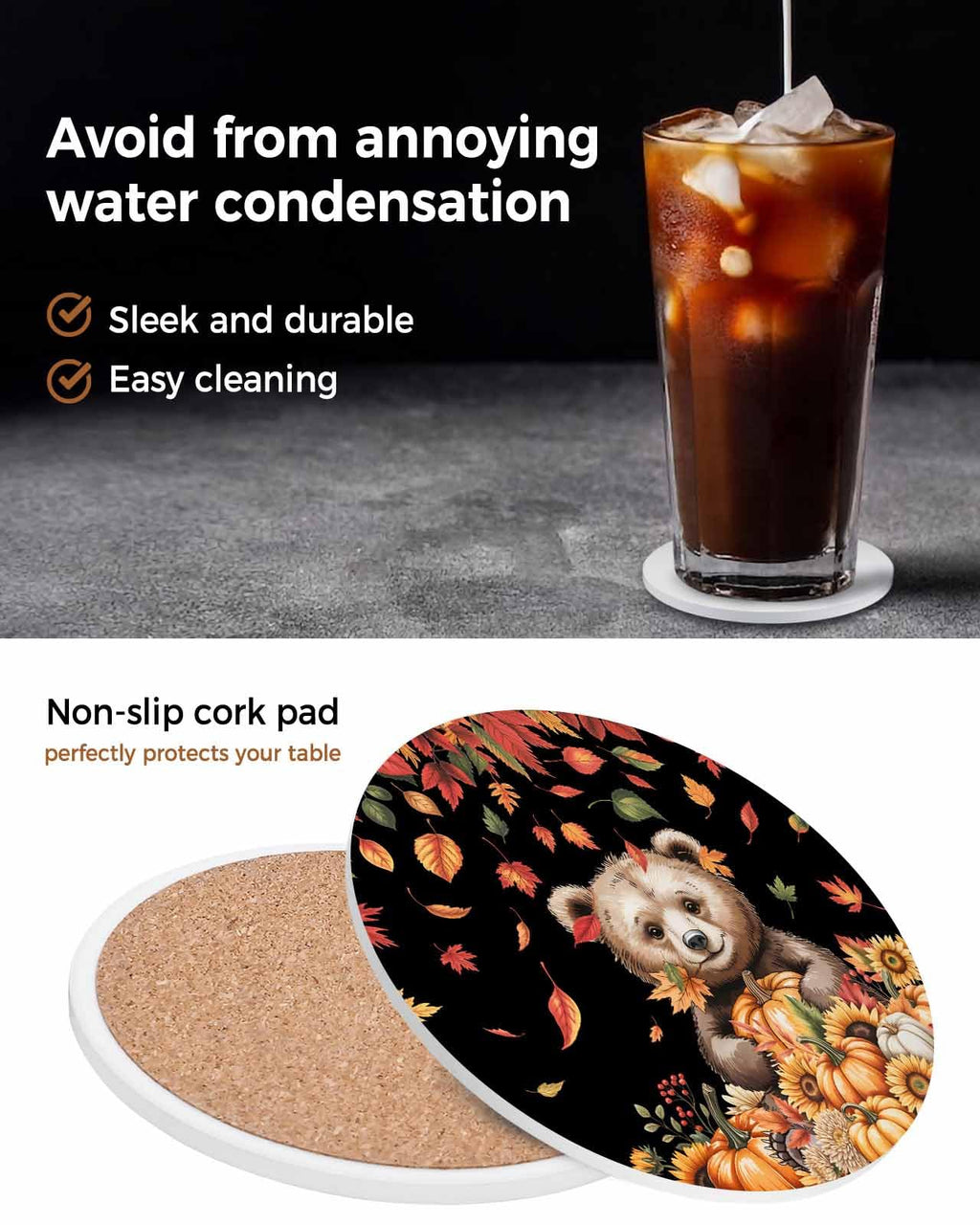 Absorbent Stone Ceramic Coaster with Cork Back, Set of 8 P435341
