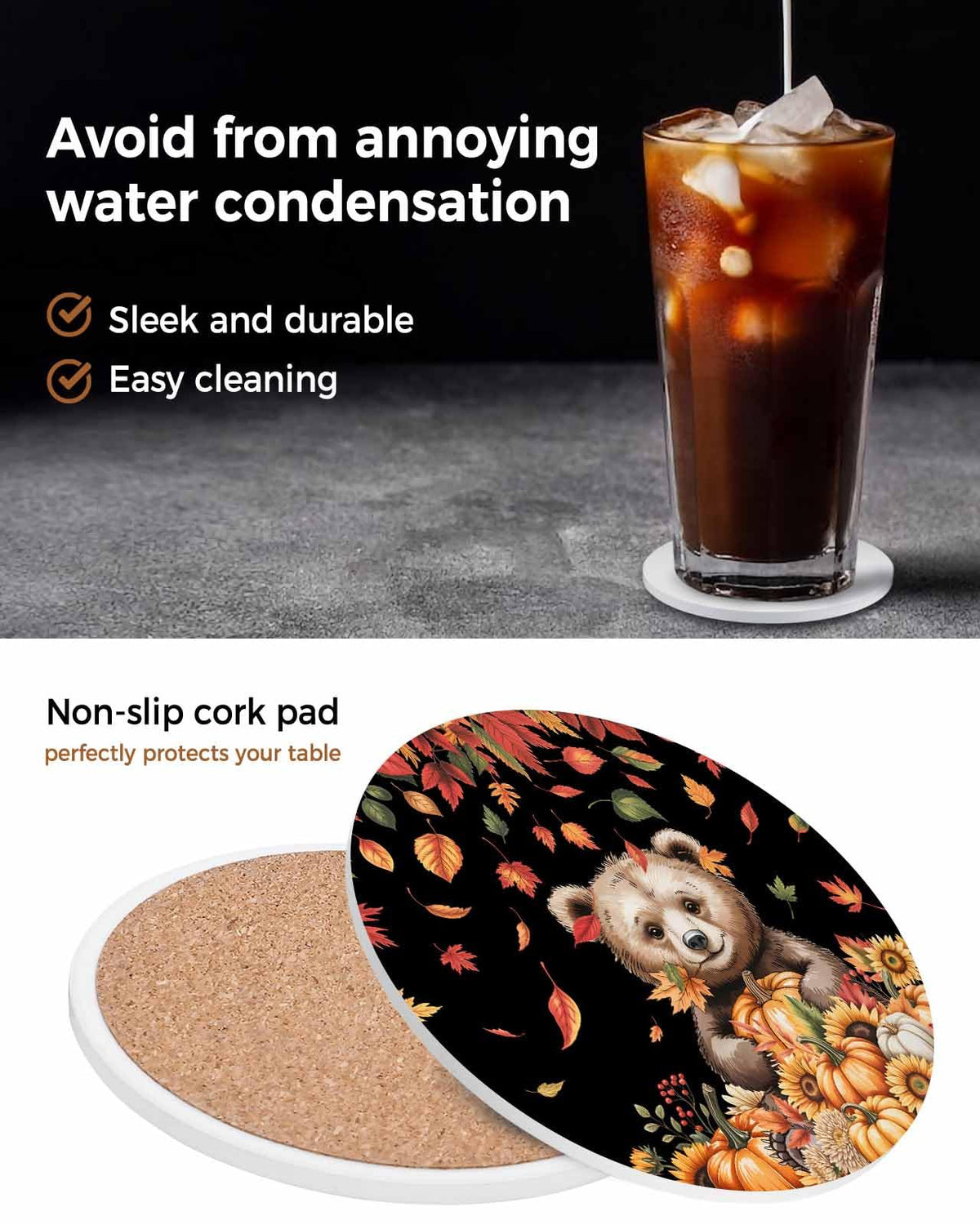 Absorbent Stone Ceramic Coaster with Cork Back, Set of 8 P435341