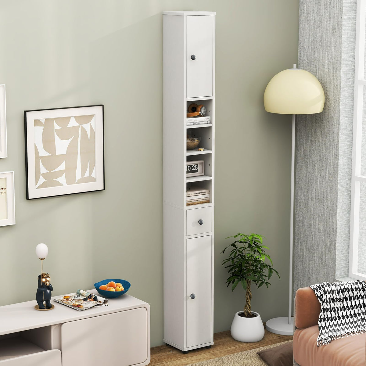 White Tall Slim Bathroom Storage Cabinet with 2 Doors 1 Drawer Y1190