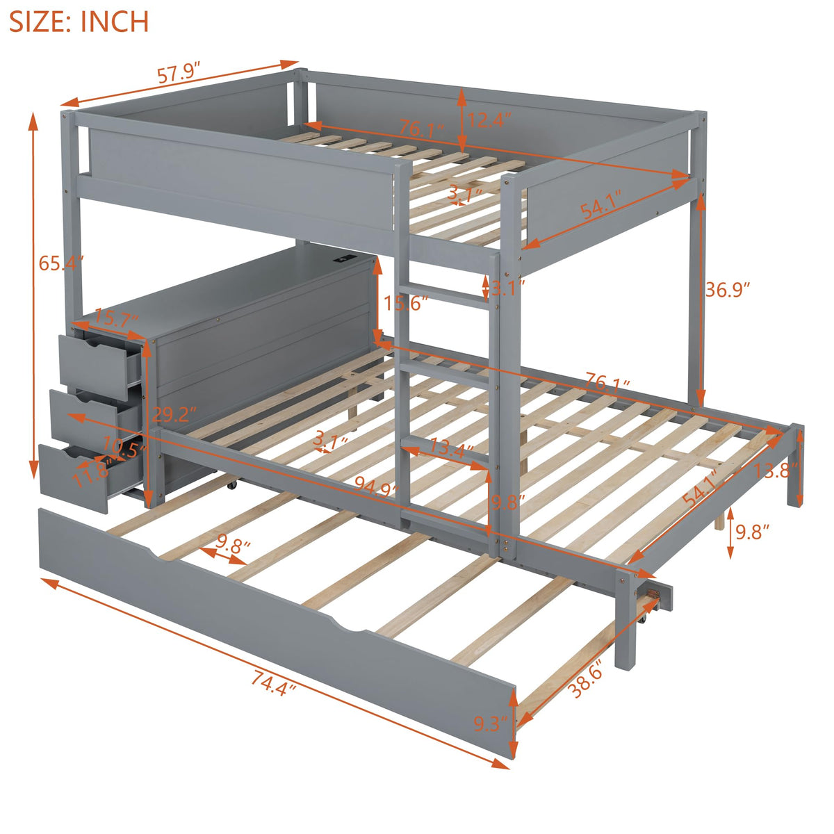 Gray Wood Full Over Full Bunk Bed with Twin Trundle H61778