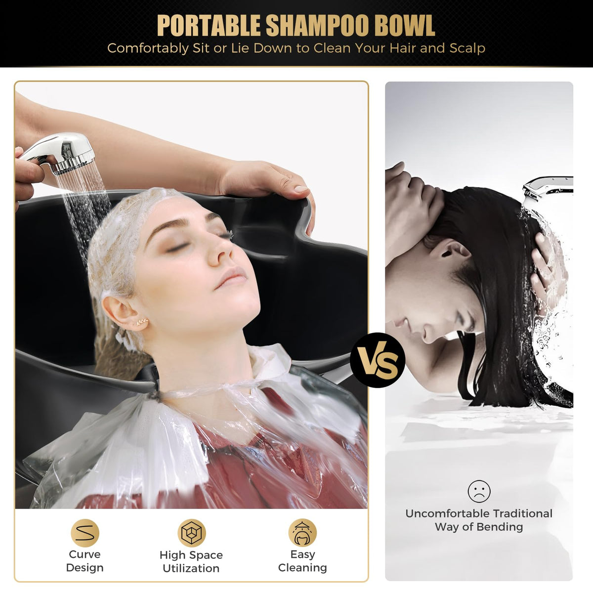 Portable Shampoo Bowl with Dual Buckets, Adjustable Height, Electric Pump, Foot Pedal Control, Black F174
