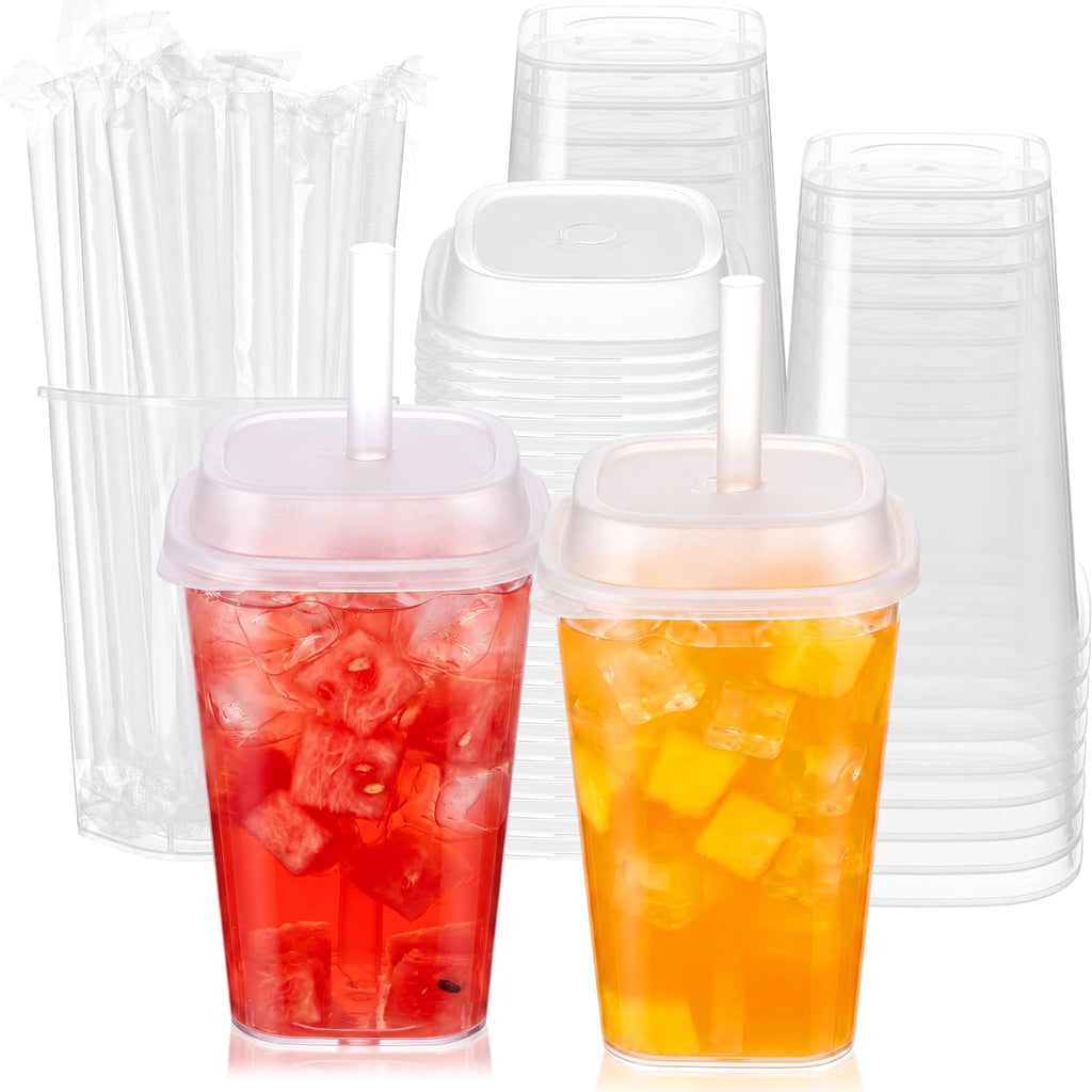 30 Pack 22 oz Clear Plastic Cups with Lids & Straws P1215