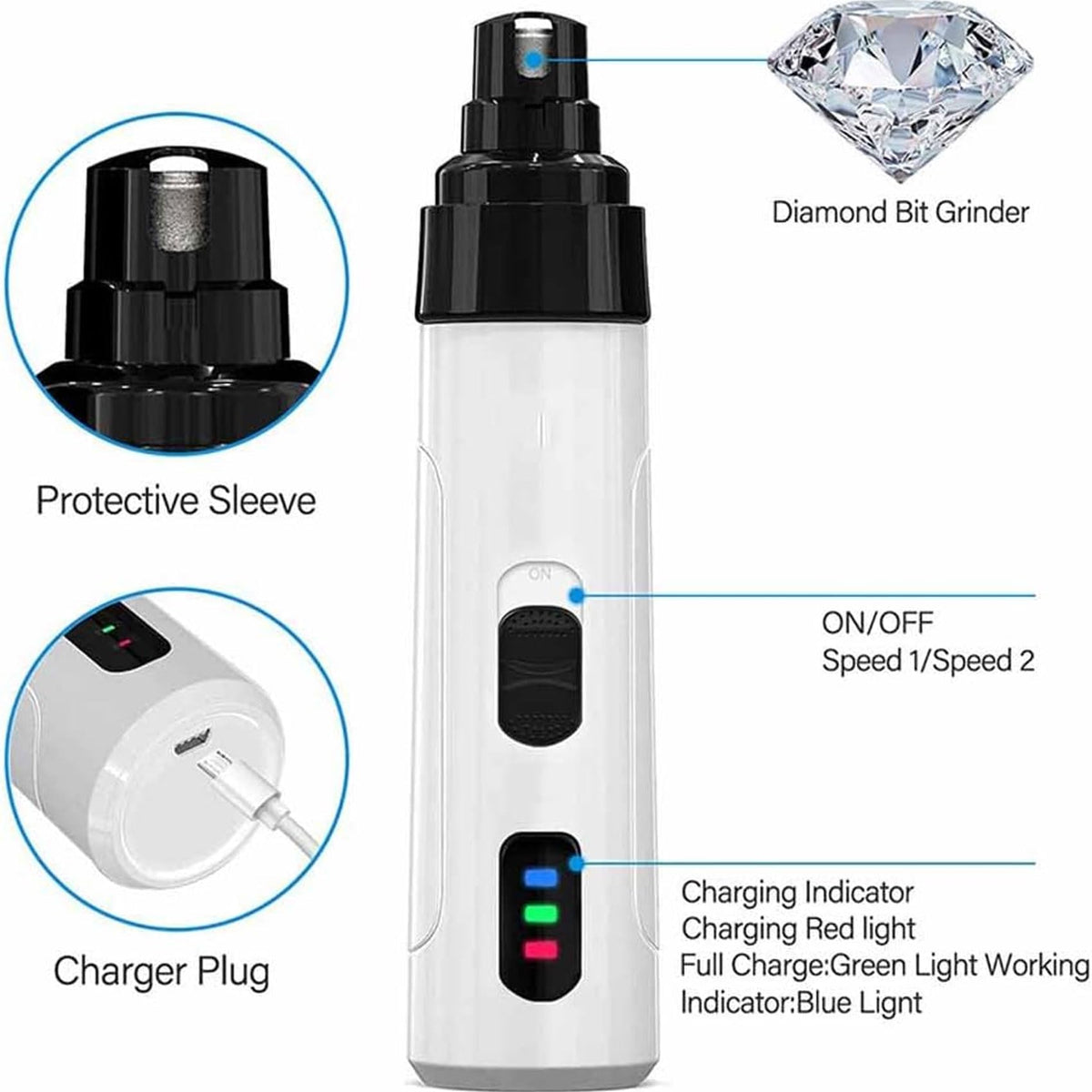 Rechargeable Quiet Low Vibration Electric Dog Nail Grinder & Trimmer with LED Light T58119