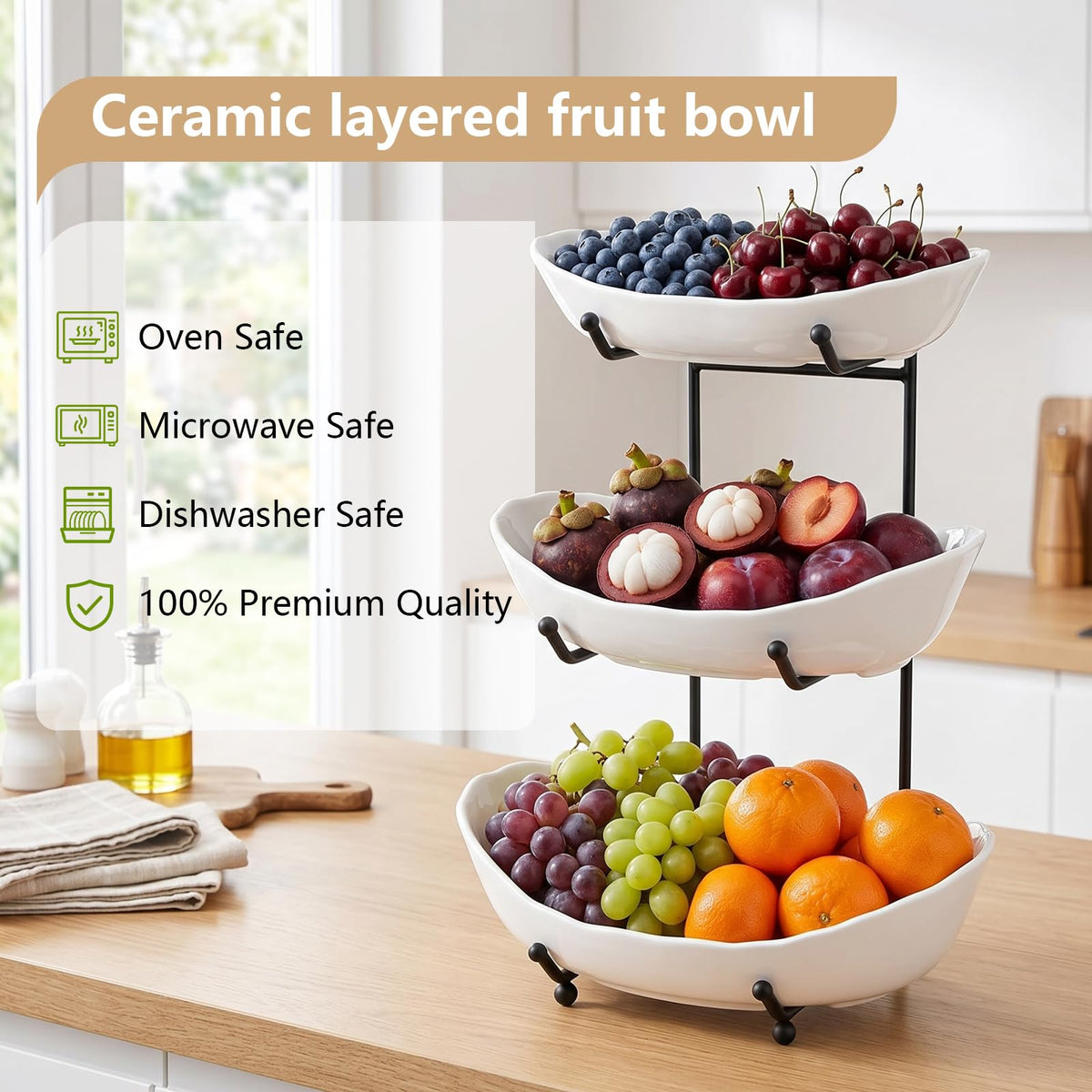 3 Tier Ceramic Fruit Bowl with Metal Stand V16297