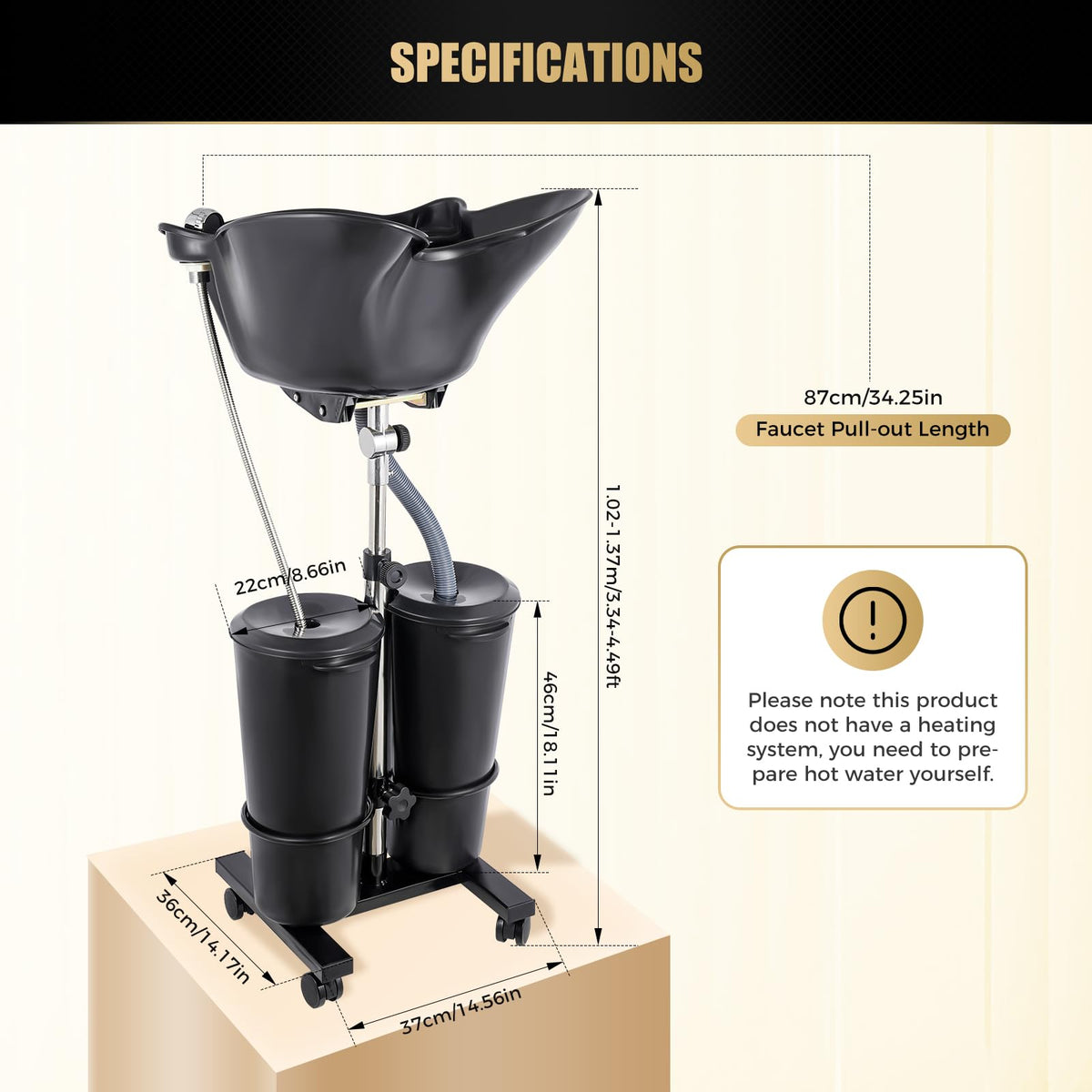 Portable Shampoo Bowl with Dual Buckets, Adjustable Height, Electric Pump, Foot Pedal Control, Black F174
