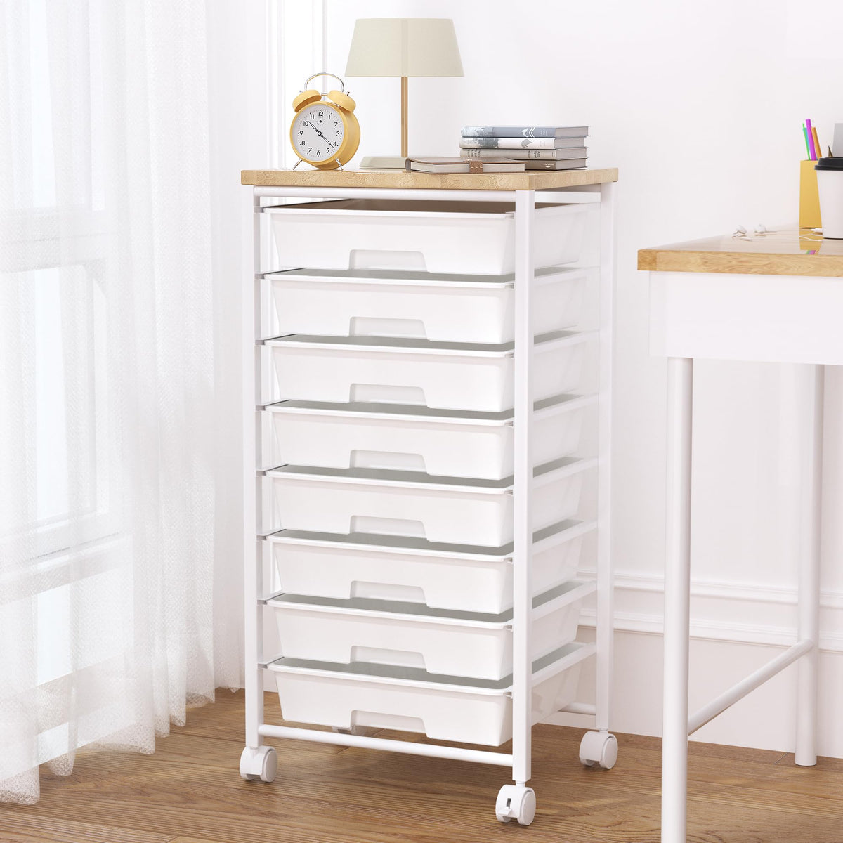 8 Drawer Rolling Storage Cart with Wooden Tabletop R452876