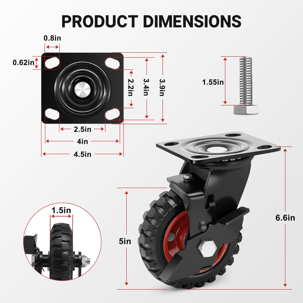 5 Inch Heavy Duty Rubber Casters Set of 4 with Brake S1290
