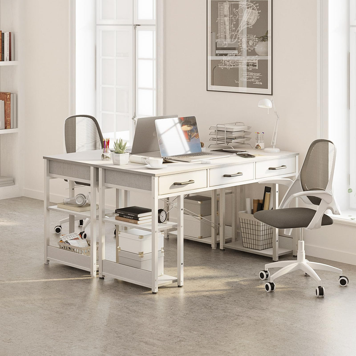 White 48" Computer Desk with Fabric Drawers and Storage Shelves K392