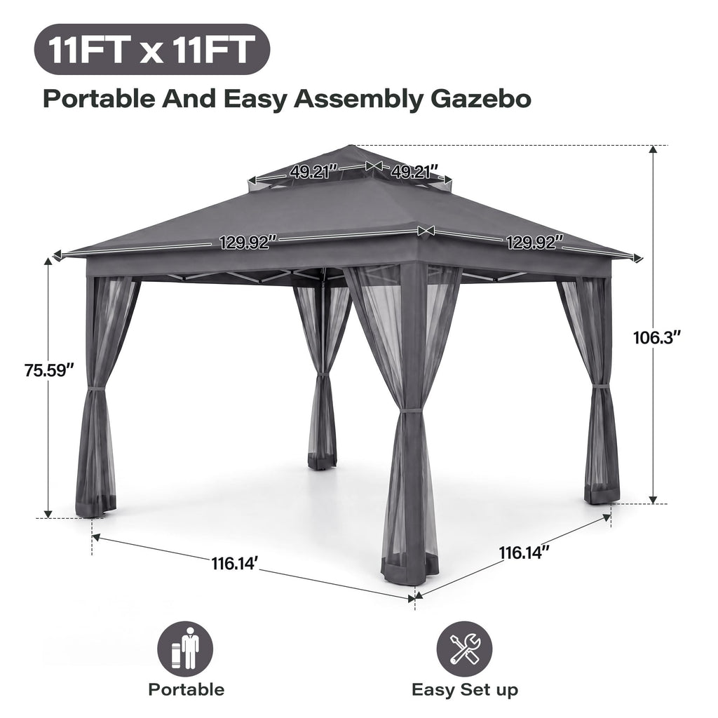 11x11 Pop Up Gazebo Canopy Tent with Mosquito Netting, Adjustable Height, Gray X936025