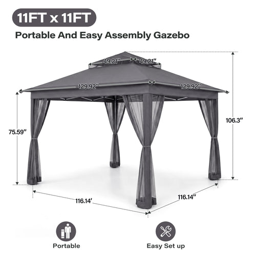 11x11 Pop Up Gazebo Canopy Tent with Mosquito Netting, Adjustable Height, Gray X936025