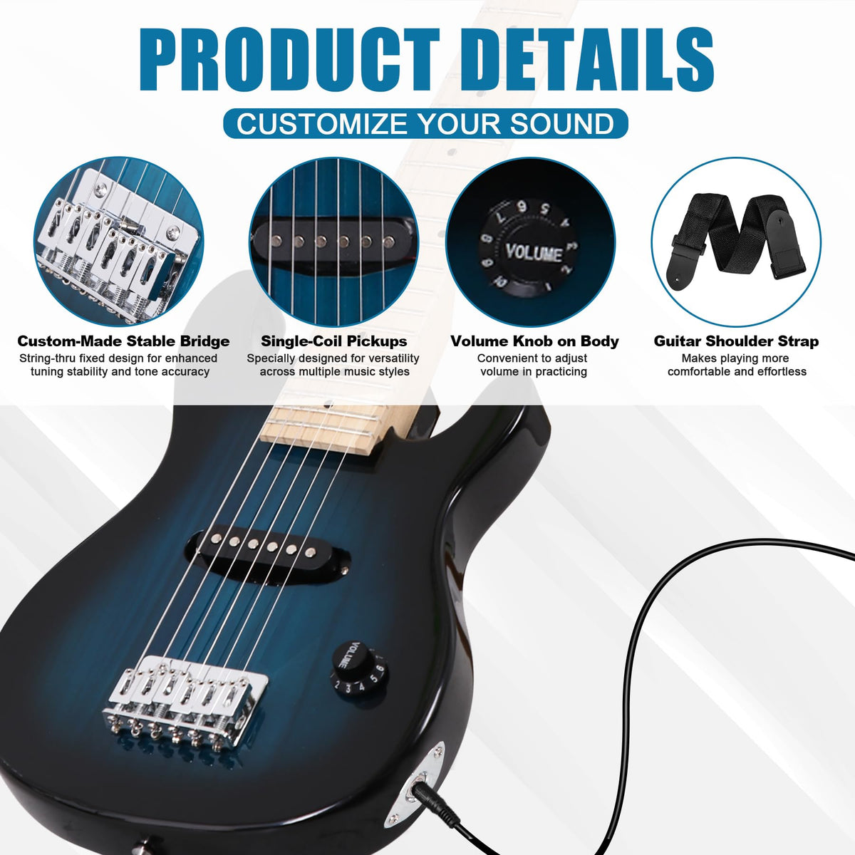 30 Inch Blue Solid Wood Electric Guitar Starter Kit with Amplifier P5123
