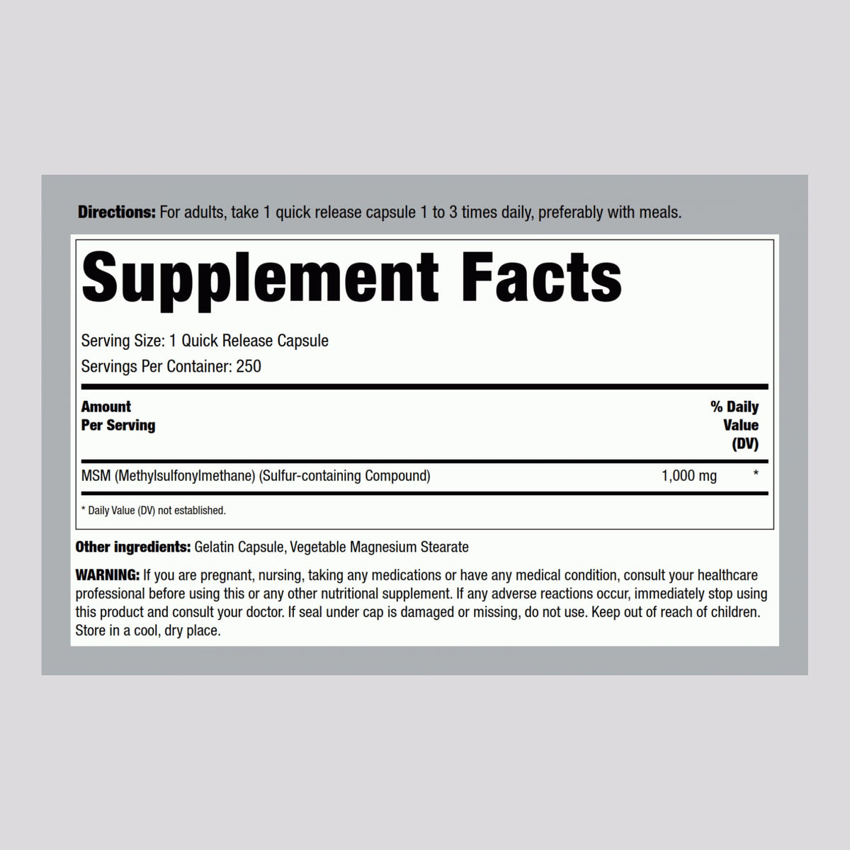MSM 1000mg Capsules 250 Count S40782