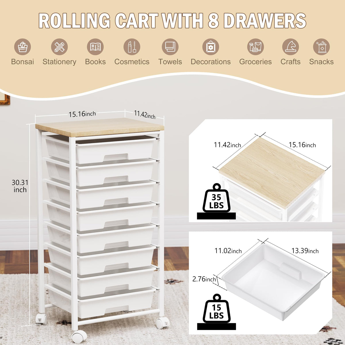 8 Drawer Rolling Storage Cart with Wooden Tabletop R452876