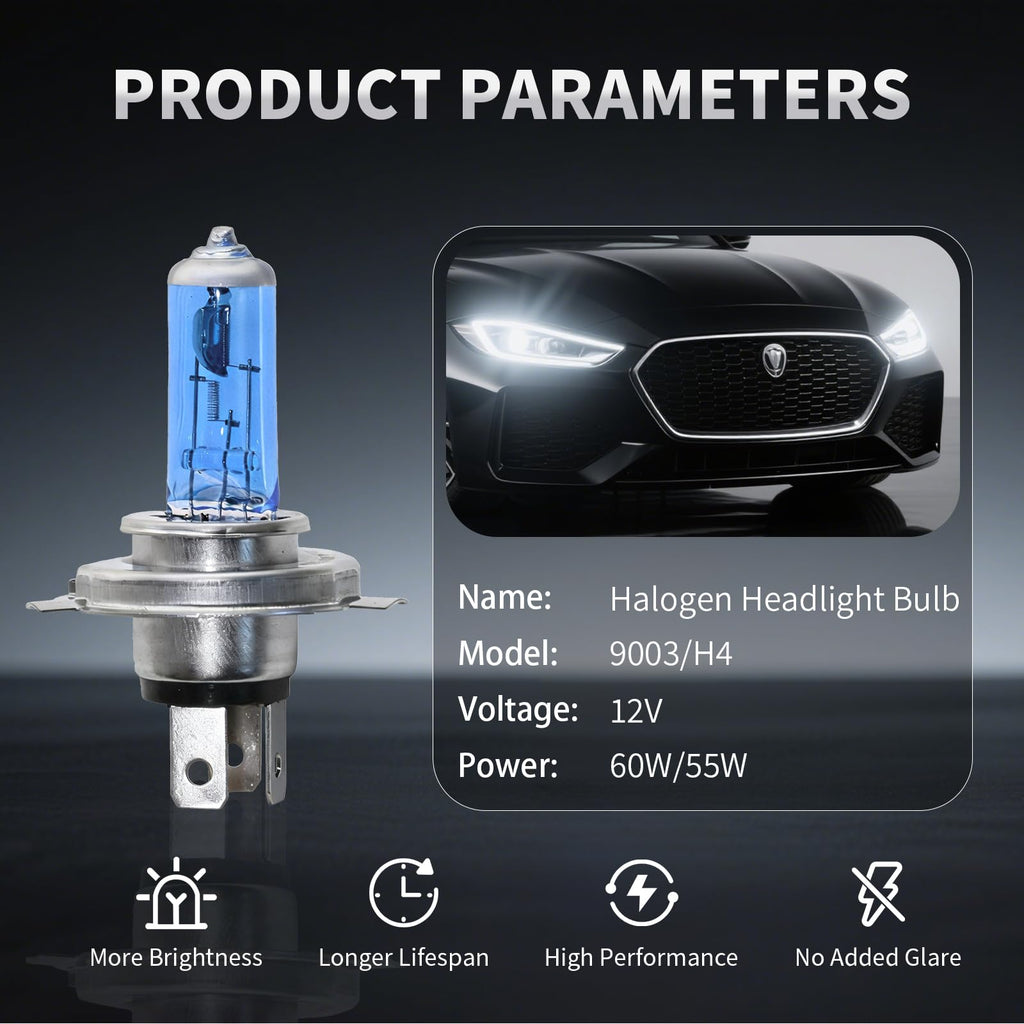 H4 Halogen Headlight Bulb 6000K Cool White Pack of 2 U800