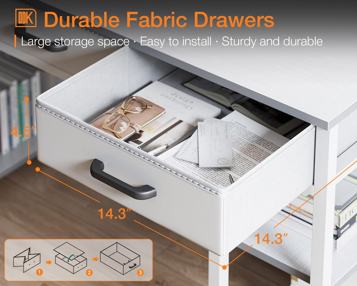White 48" Computer Desk with Fabric Drawers and Storage Shelves K392