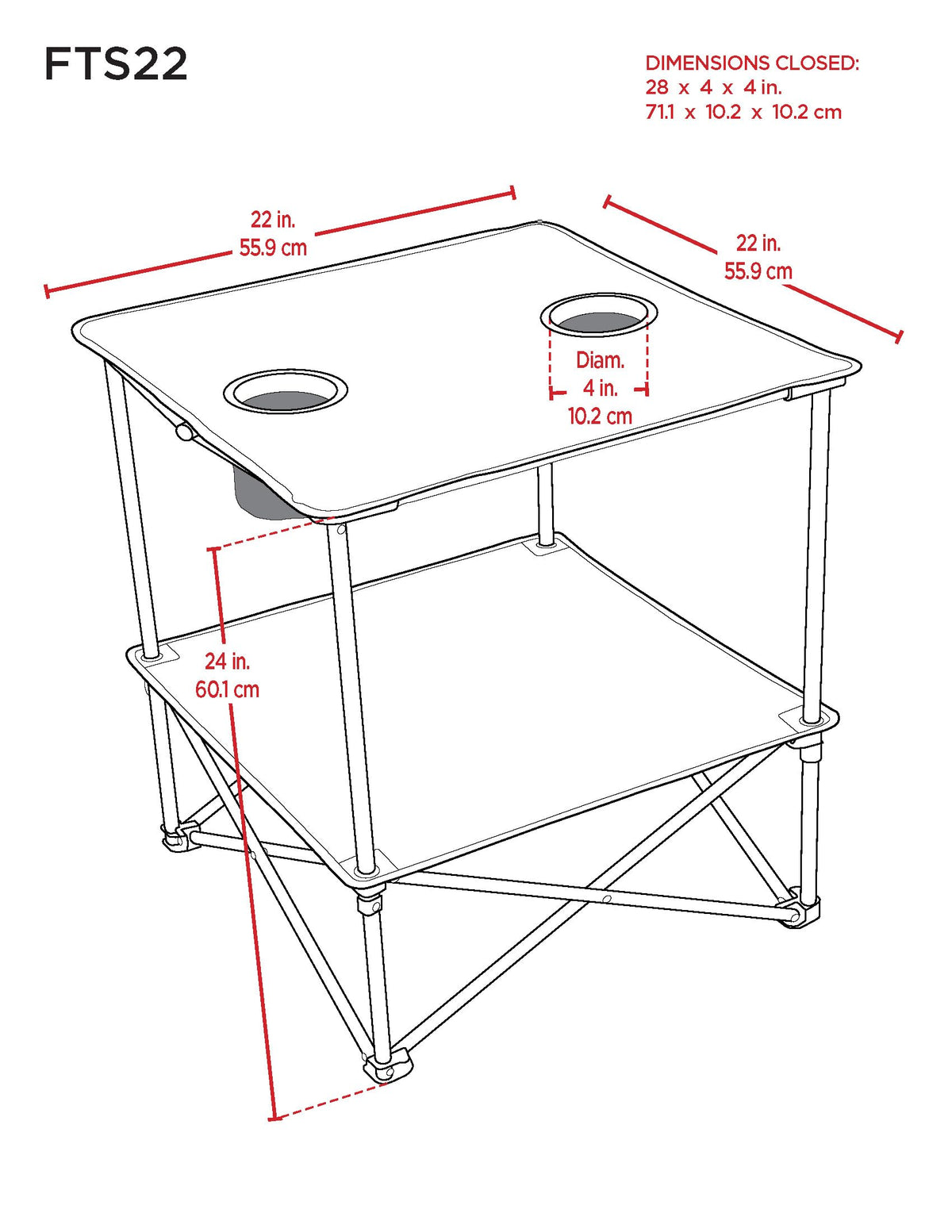 22” Square Compact Outdoor Folding Table with Cup Holders and Carry Bag I1536