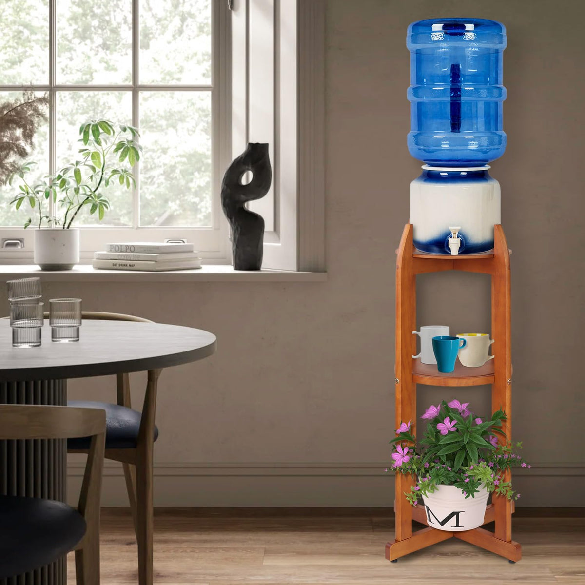 Solid Wood Water Dispenser Floor Stand with 2 Round Shelfs Z63393