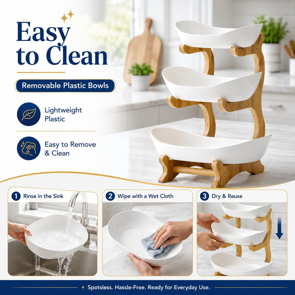 3-Tier Plastic Fruit Bowl Basket with Bamboo Stand R752
