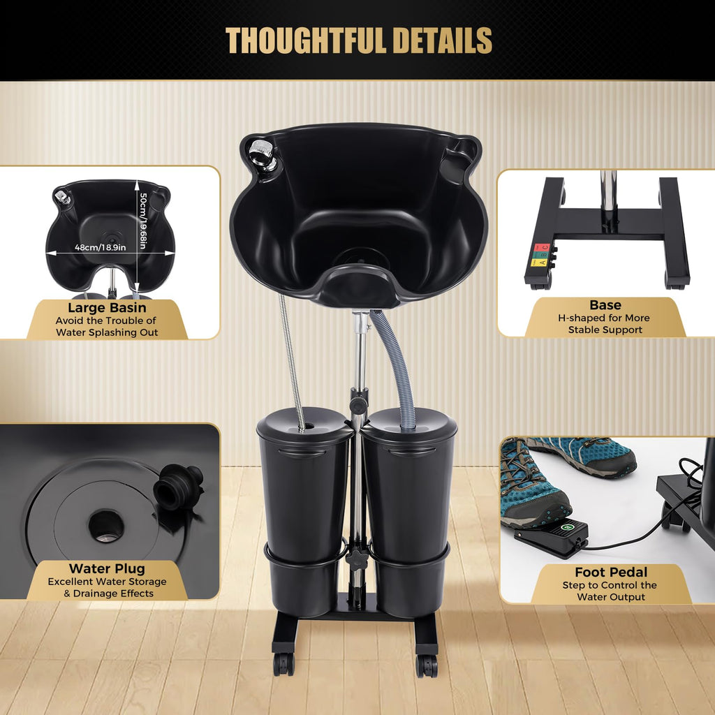 Portable Shampoo Bowl with Dual Buckets, Adjustable Height, Electric Pump, Foot Pedal Control, Black F174