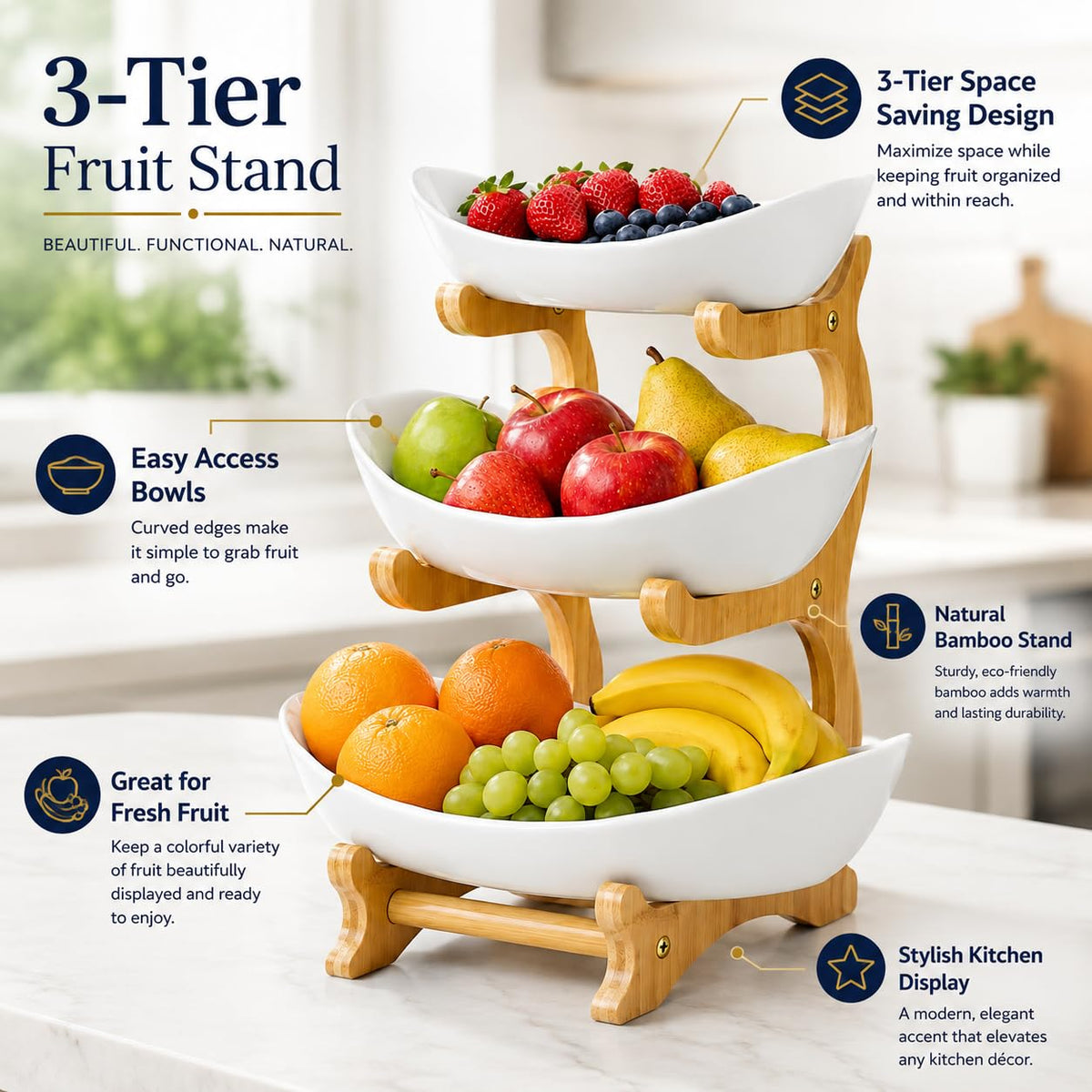 3-Tier Plastic Fruit Bowl Basket with Bamboo Stand R752