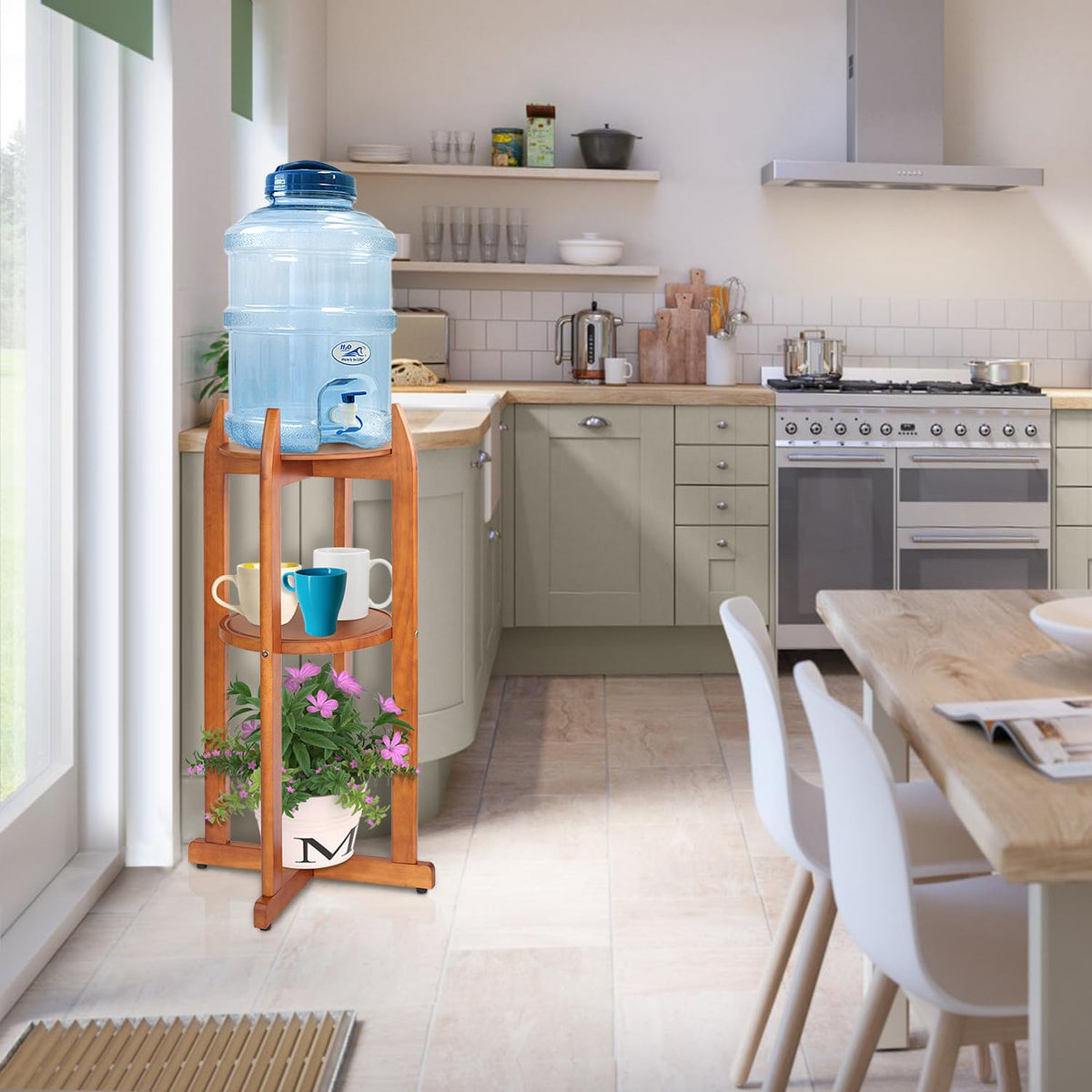 Solid Wood Water Dispenser Floor Stand with 2 Round Shelfs Z63393
