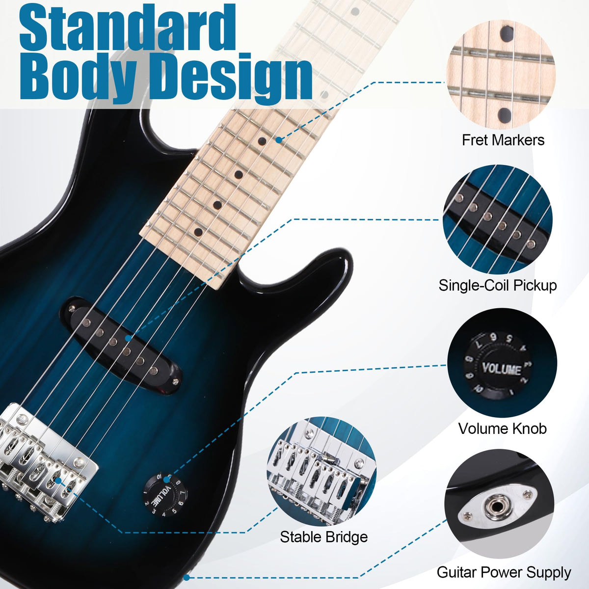 30 Inch Blue Solid Wood Electric Guitar Starter Kit with Amplifier P5123