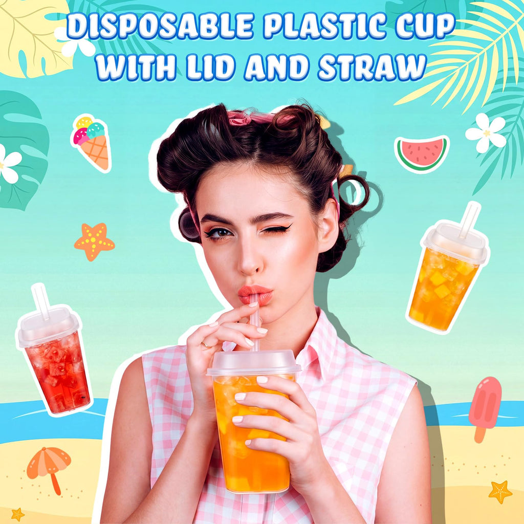 30 Pack 22 oz Clear Plastic Cups with Lids & Straws P1215