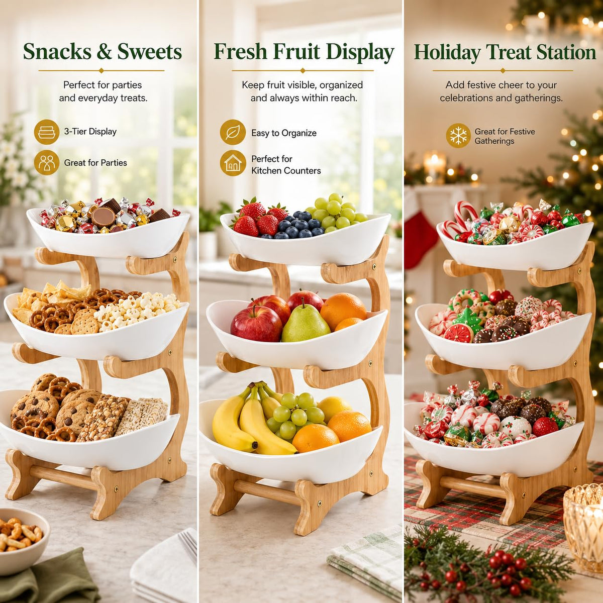 3-Tier Plastic Fruit Bowl Basket with Bamboo Stand R752