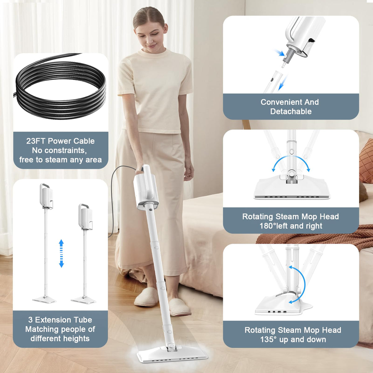 1200W Rotatable Steam Mop with 2 Modes, 400ML Tank, 23FT Cord P225014