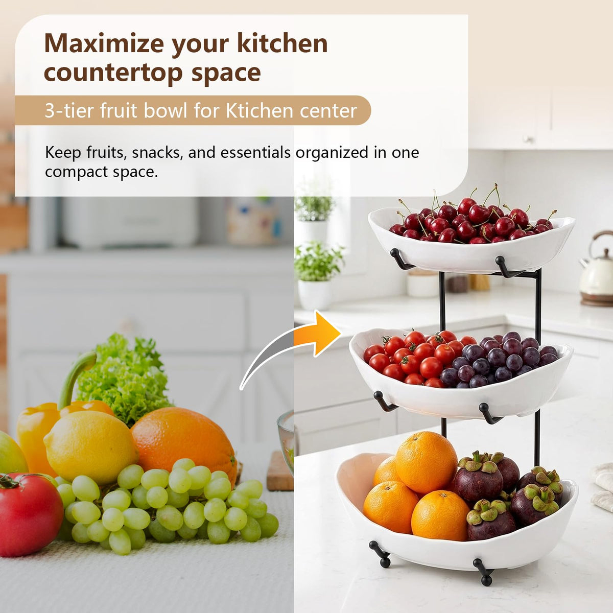 3 Tier Ceramic Fruit Bowl with Metal Stand V16297