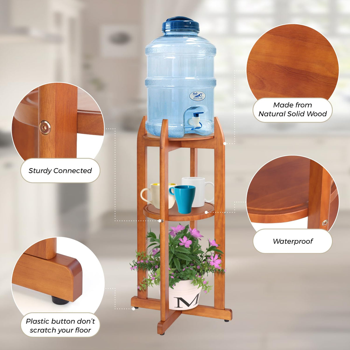 Solid Wood Water Dispenser Floor Stand with 2 Round Shelfs Z63393