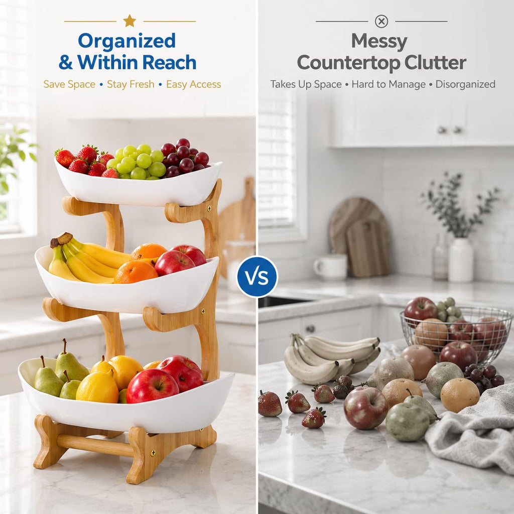 3-Tier Plastic Fruit Bowl Basket with Bamboo Stand R752