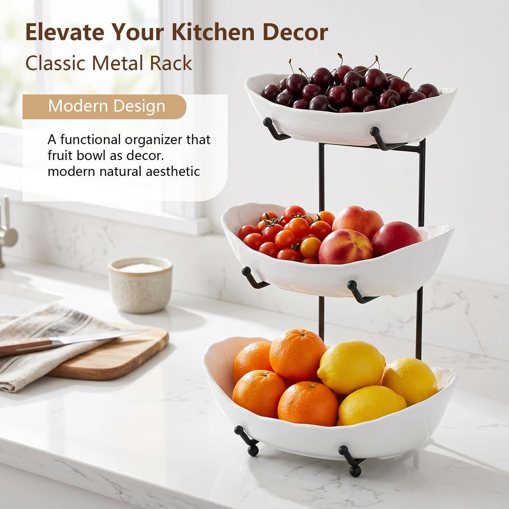 3 Tier Ceramic Fruit Bowl with Metal Stand V16297