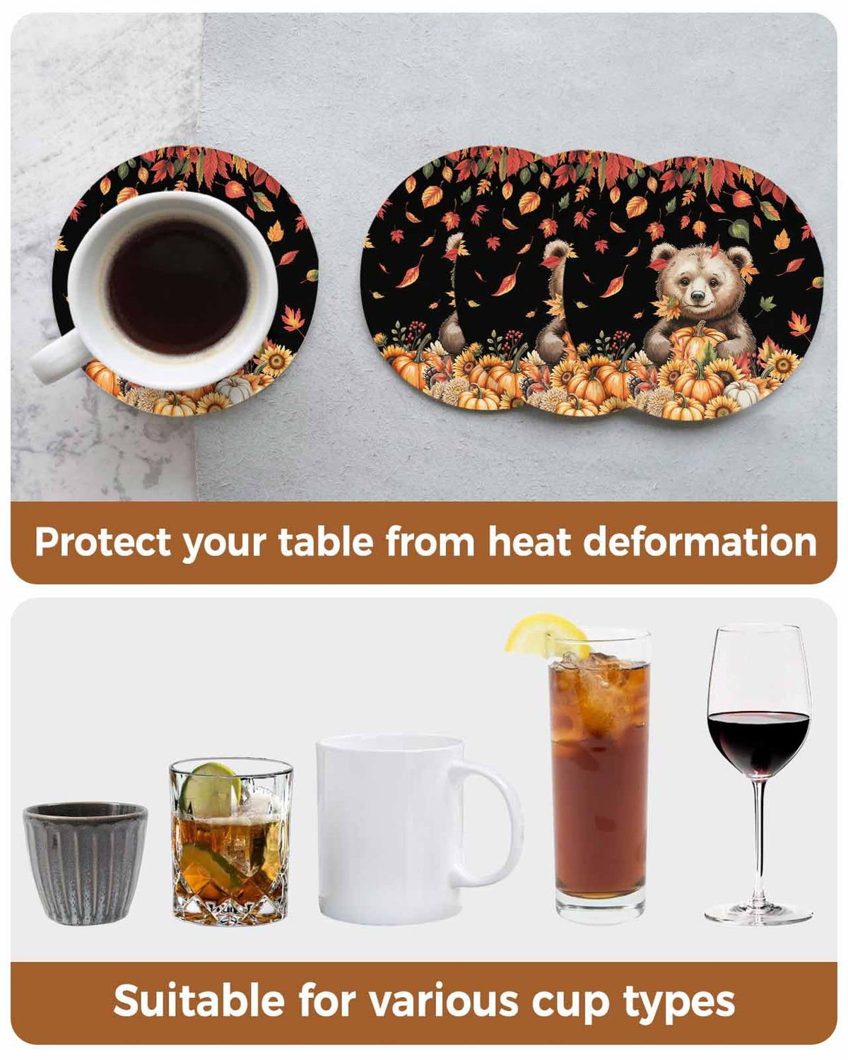 Absorbent Stone Ceramic Coaster with Cork Back, Set of 8 P435341